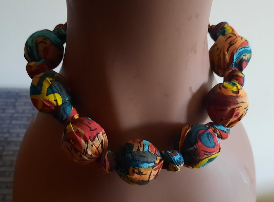 Multi-coloured Vintage Cotton Fabric Covered Beaded Necklace