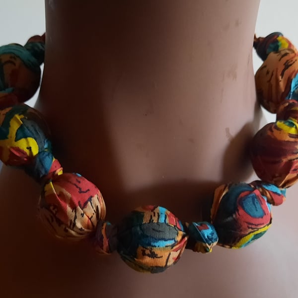 Multi-coloured Vintage Cotton Fabric Covered Beaded Necklace