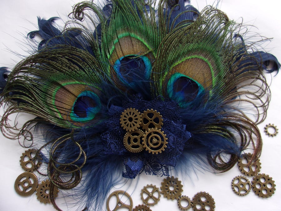 Navy Blue Peacock Feather Steampunk Clip 