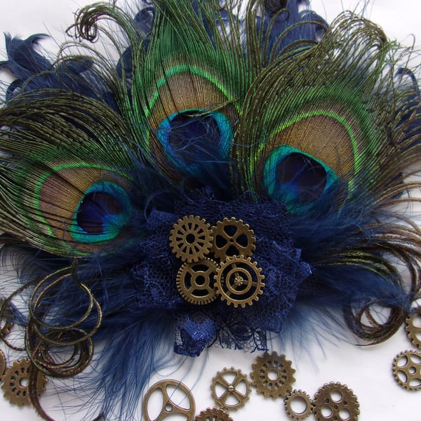 Navy Blue Peacock Feather Steampunk Clip 