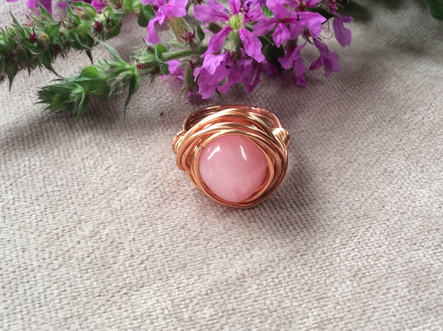 Pink Agate Nugget Wire Wrap Ring 