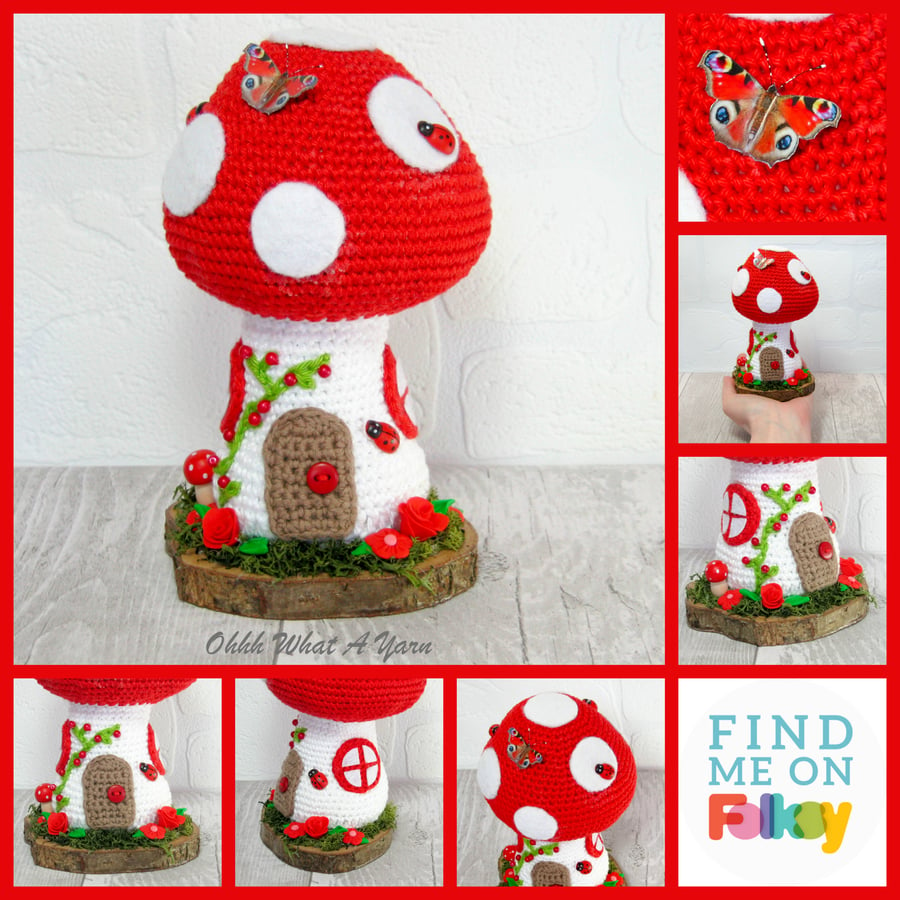 Crochet red toadstool fairy house decoration, ornament. Shroom ornament.