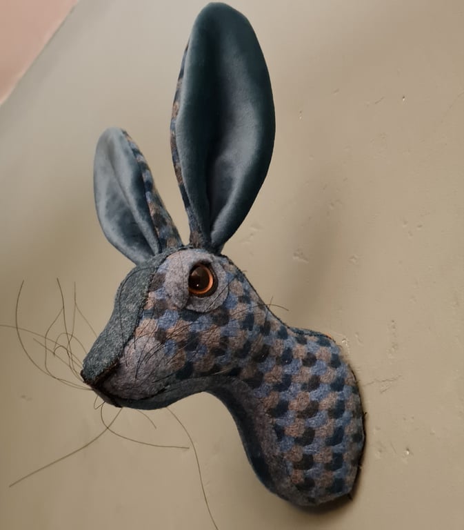 Faux hare head wall mount in teal & grey Abraham Moon fabric- Mr Moon