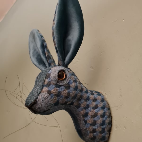Faux hare head wall mount in teal & grey Abraham Moon fabric- Mr Moon