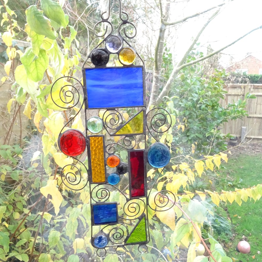 Stained Glass Garden Hanger Suncatcher - Handmade Decoration  - Blue