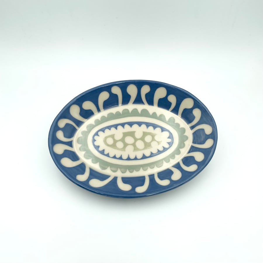 Abstract Flower Oval Trinket Snack Dish Jewellery - Blue Handmade Pottery