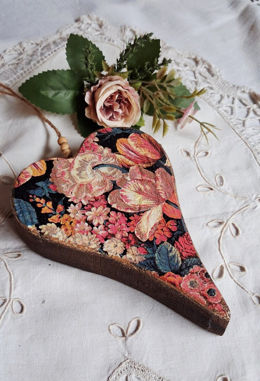 Chunky Wooden Floral Hanging Heart