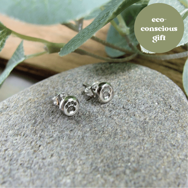 Sterling Silver Paw Print Earrings, Recycled Silver Paw Print Studs