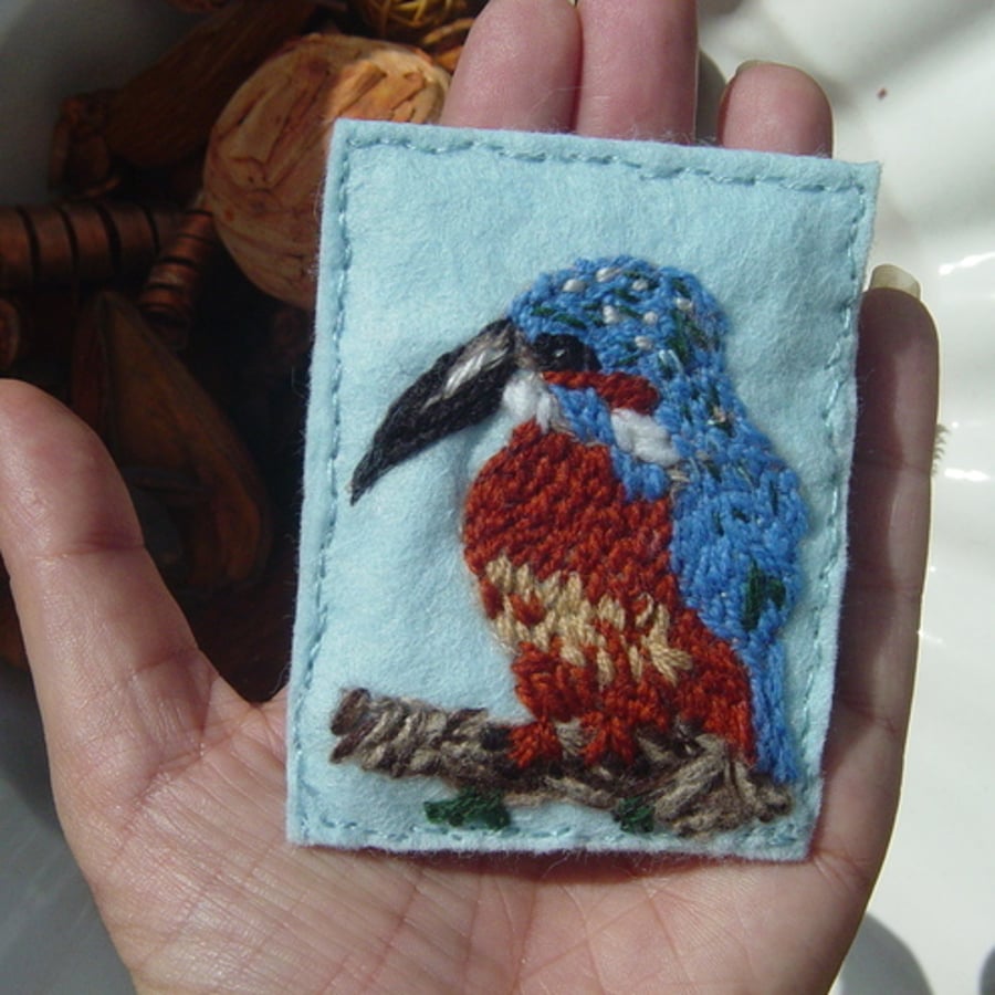 Kingfisher Perch!  Embroidered Yarn and Felt ACEO.