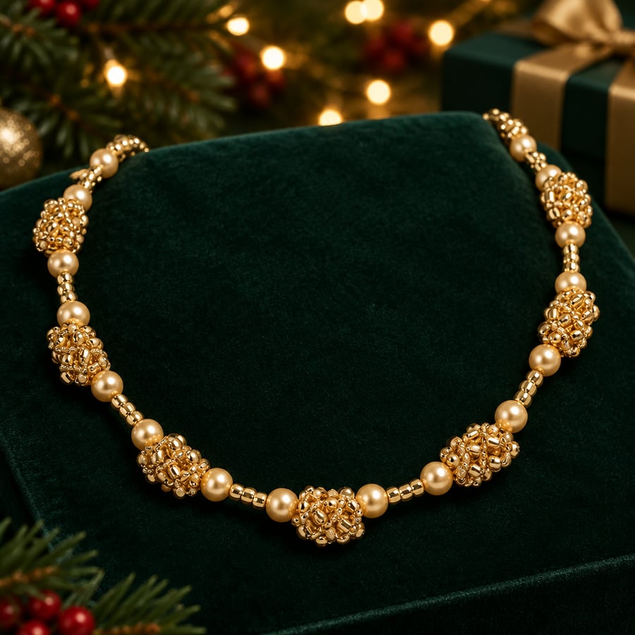 Gold Pearl Seed Bead Station Necklace Handwoven Bead Stations Toggle Clasp