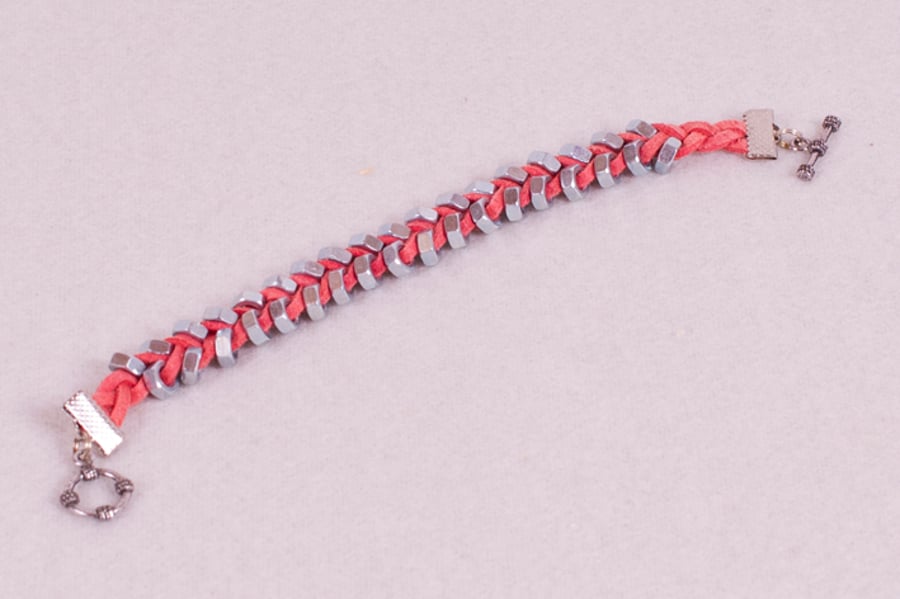 Coral and Silvertone Suede and Hex Nut Braided Bracelet