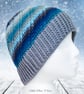 Crochet hat, beanie. Blue and grey ombre ladies swirl pom pom hat. Ladies hat. - Image 4