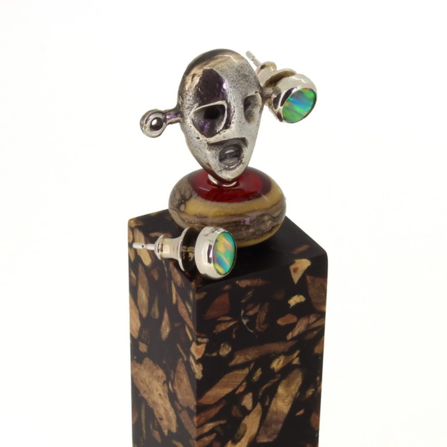 One-off wooden sculptural stand & opal doublet earrings, handmade glass bead