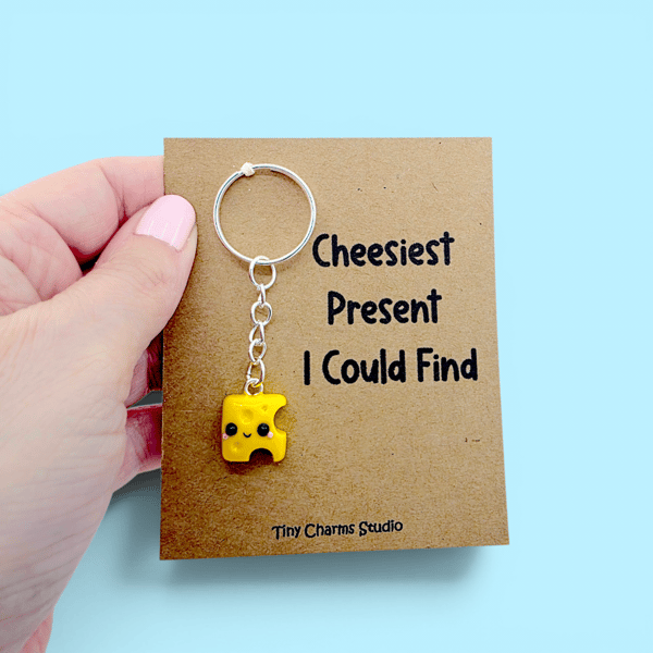 Kawaii Cheese Keyring Charm Polymer Clay Cute Funny Food Gift Handmade UK Pun