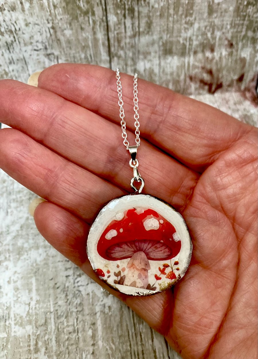 Woodland Mushroom Shroom Pendant & Earrings Set Handmade on Tiny Wood Slices