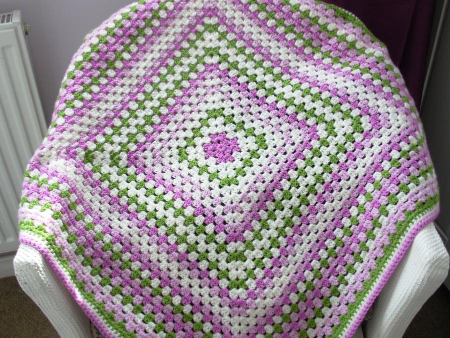 Crochet  Blanket   Granny Square  Pink Green and Cream