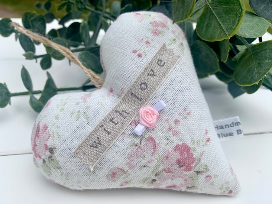 Floral lavender heart with faded roses, peony & sage fabric, stamped ’with love’