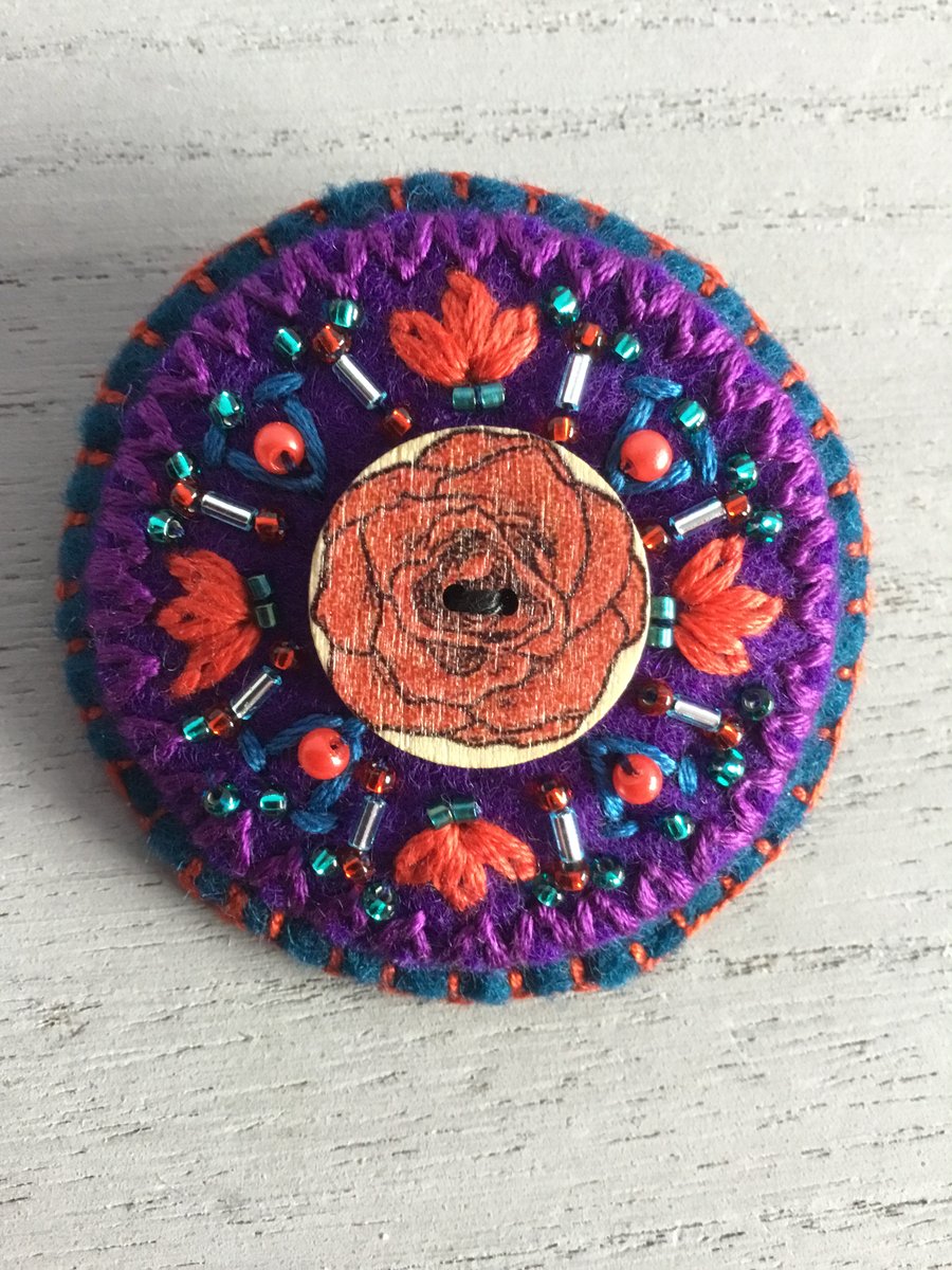 Hand Embroidered Rose Brooch 