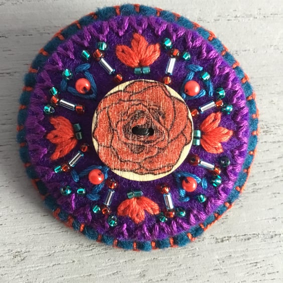 Hand Embroidered Rose Brooch 