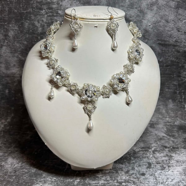 Satine Handmade seed bead, crystal and glass pearl necklace and earrings set