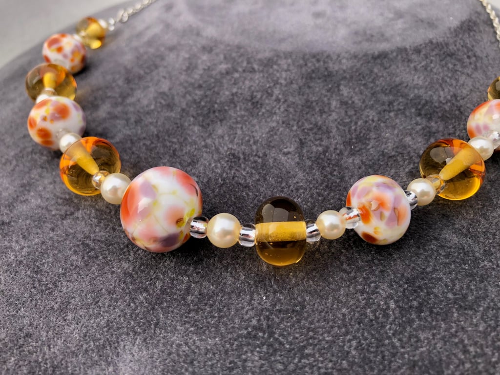 Autumn browns purples colours lampwork glass beaded necklace 