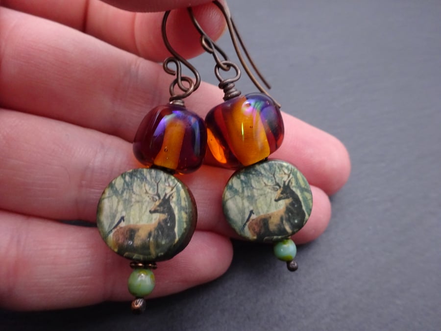 lampwork glass earrings, ceramic stag jewellery