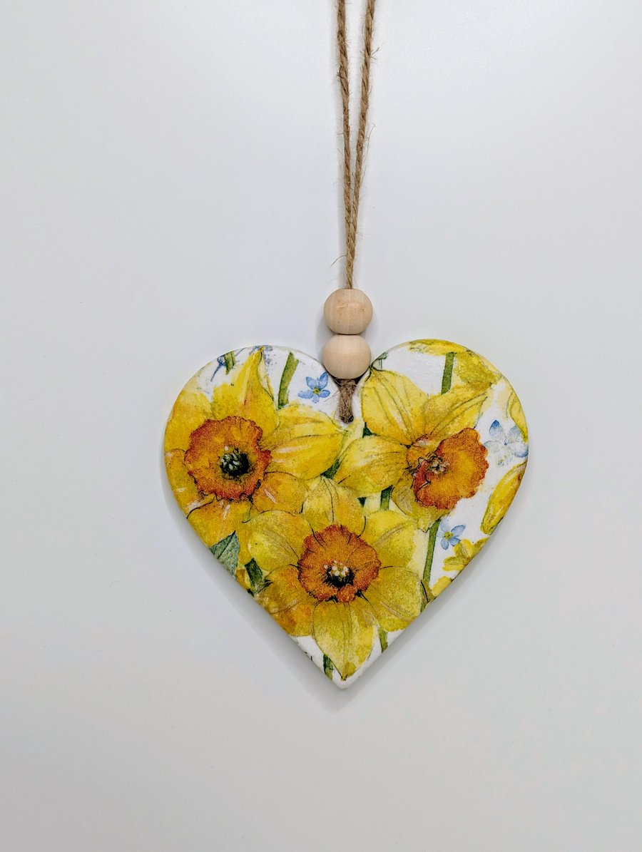 Daffodils - large clay heart hanging decoration, spring decoration, gift for her