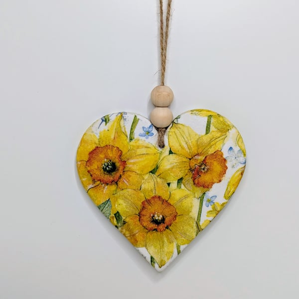 Daffodils - large clay heart hanging decoration, spring decoration, gift for her