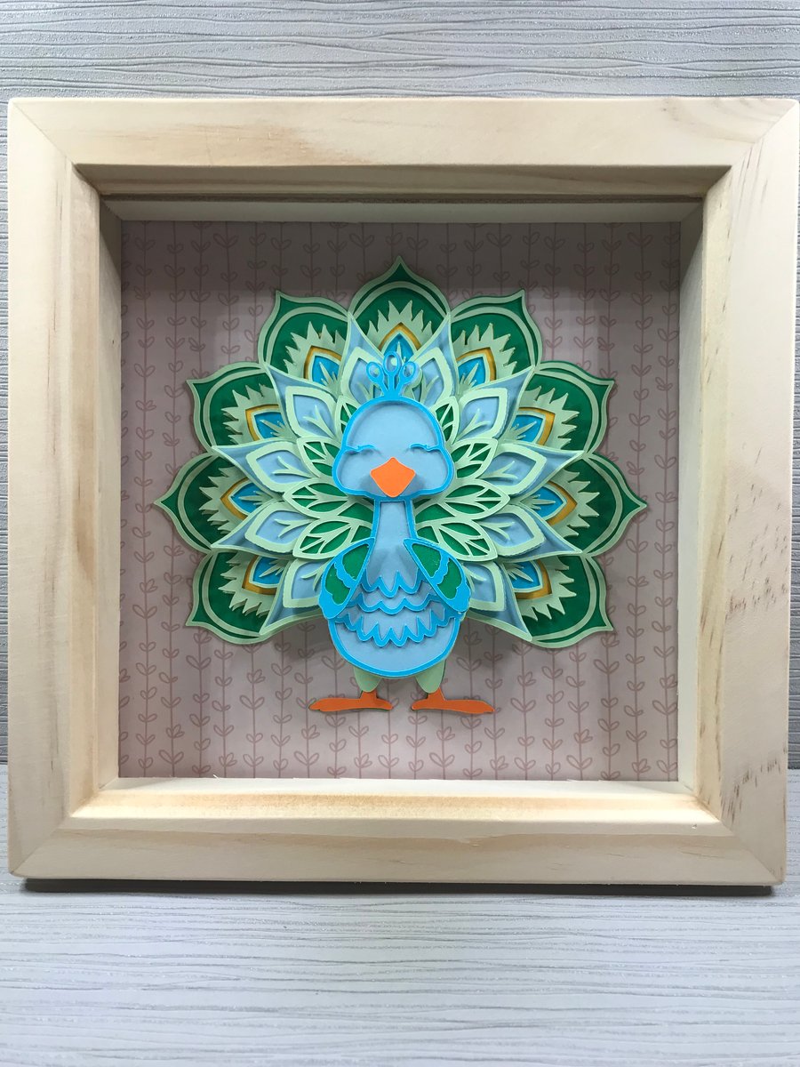 3D Peacock Picture in a Wooden Frame - Wall Art