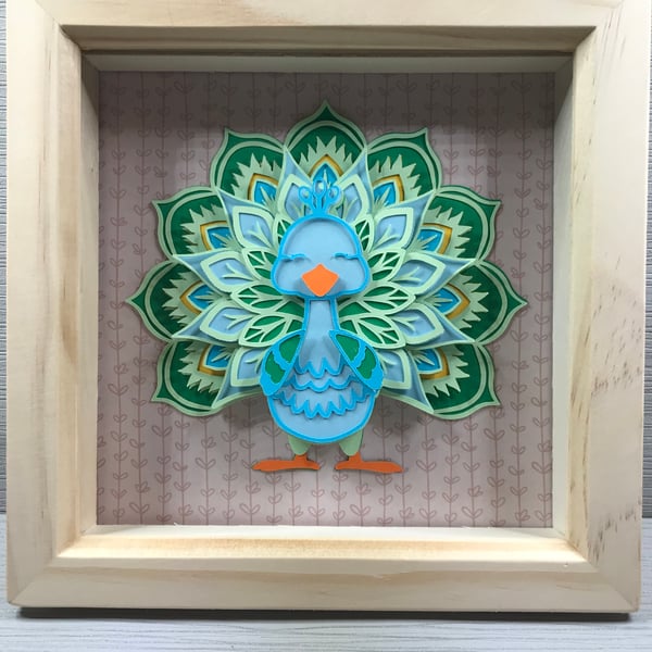 3D Peacock Picture in a Wooden Frame - Wall Art