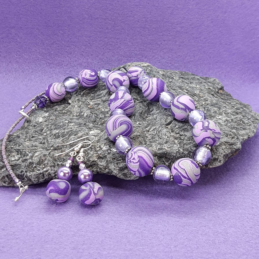 Purple and silver swirl polymer clay necklace and earrings set