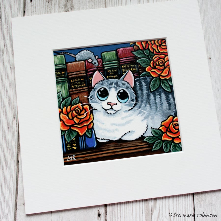 White & Grey Tabby Cat with Books & Roses Painting - Mounted size 8" x 8"