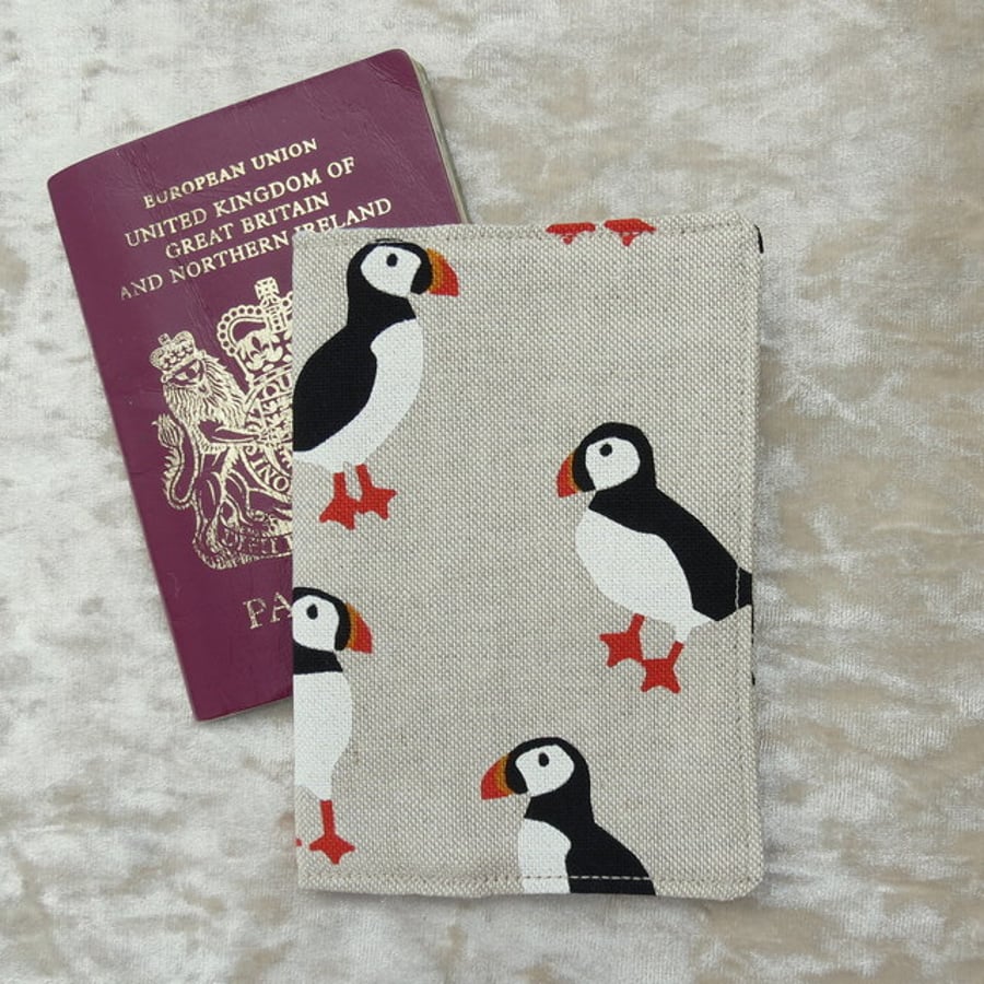 Passport sleeve.  Puffins design.  Passport cover.