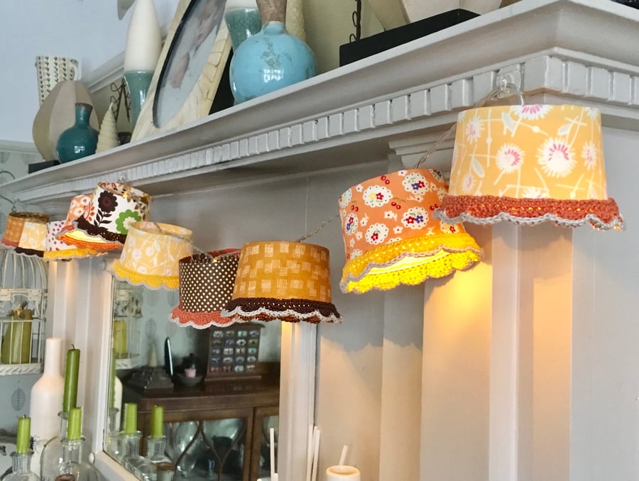 Lampshade Fairy lights in Boho style fabrics,crochet trim. FREE UK P&P