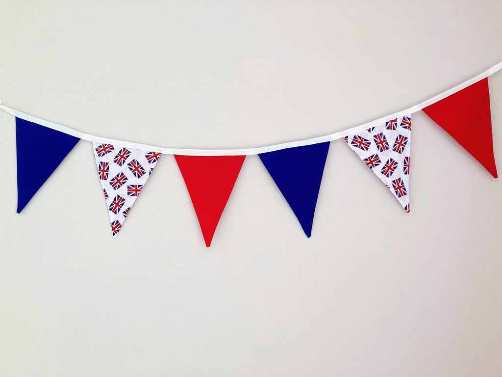 Great Britain cotton bunting. Red, Blue and Union Jack flags. 1 meter plus ties.