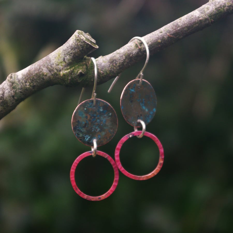 Verdigris and Red Copper Hoop Dangle Earrings
