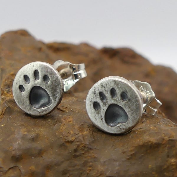 Recycled Sterling Silver Pawprint Stud Earrings with a Black Patina.