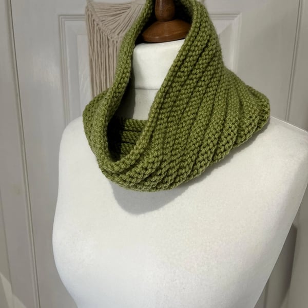 Ribbed neck warmer cowl in soft acrylic chunky yarn Lime greens60cms x 20cms
