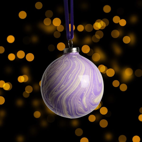 Christmas bauble ceramic hand marbled 5cm round in purple and gold 
