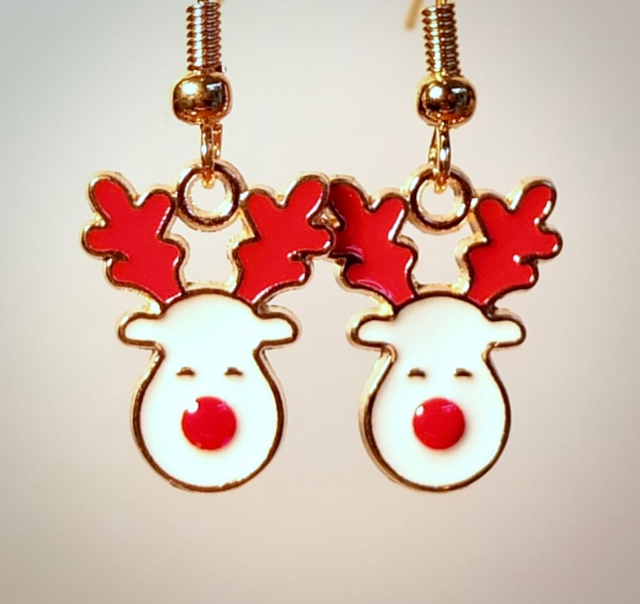 Christmas Reindeer Enamel Charm Earrings On Gold Plated Wires