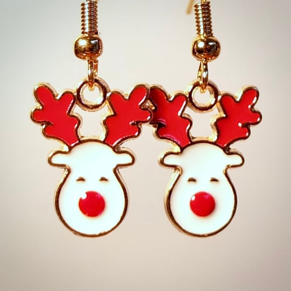 Christmas Reindeer Enamel Charm Earrings On Gold Plated Wires