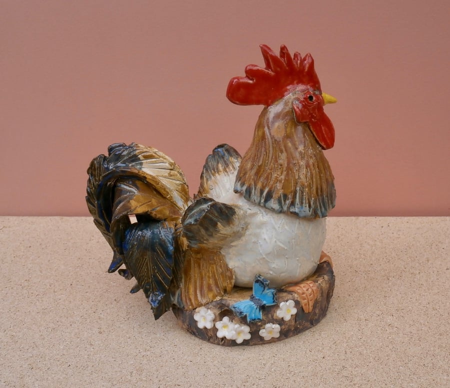 Ceramic rooster sculpture with butterfly, Blue and brown cockerel sculpture, 6t