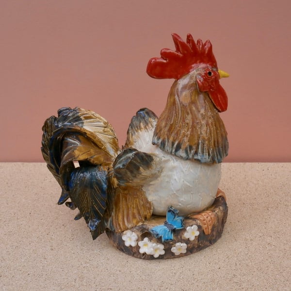 Ceramic rooster sculpture with butterfly, Blue and brown cockerel sculpture, 6t