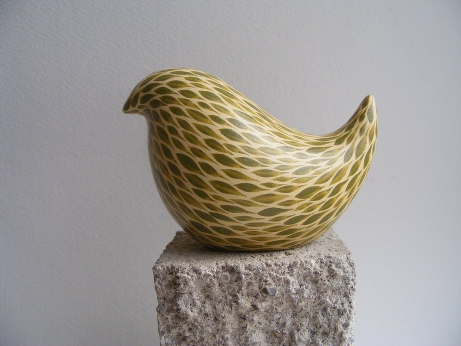 Cream and green hand painted bird (E)