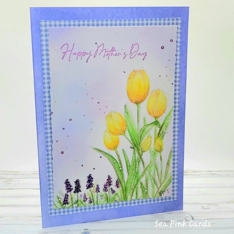 Mother's Day Card original handpainted  - yellow tulips, gingham