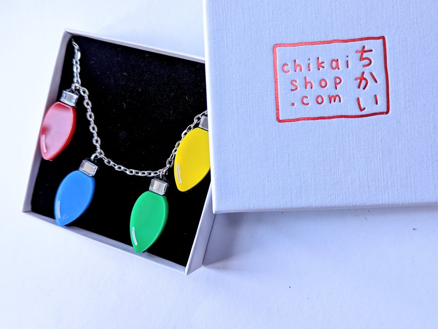Christmas lights necklace on acrylic and silver plated chain xmas lights xmas