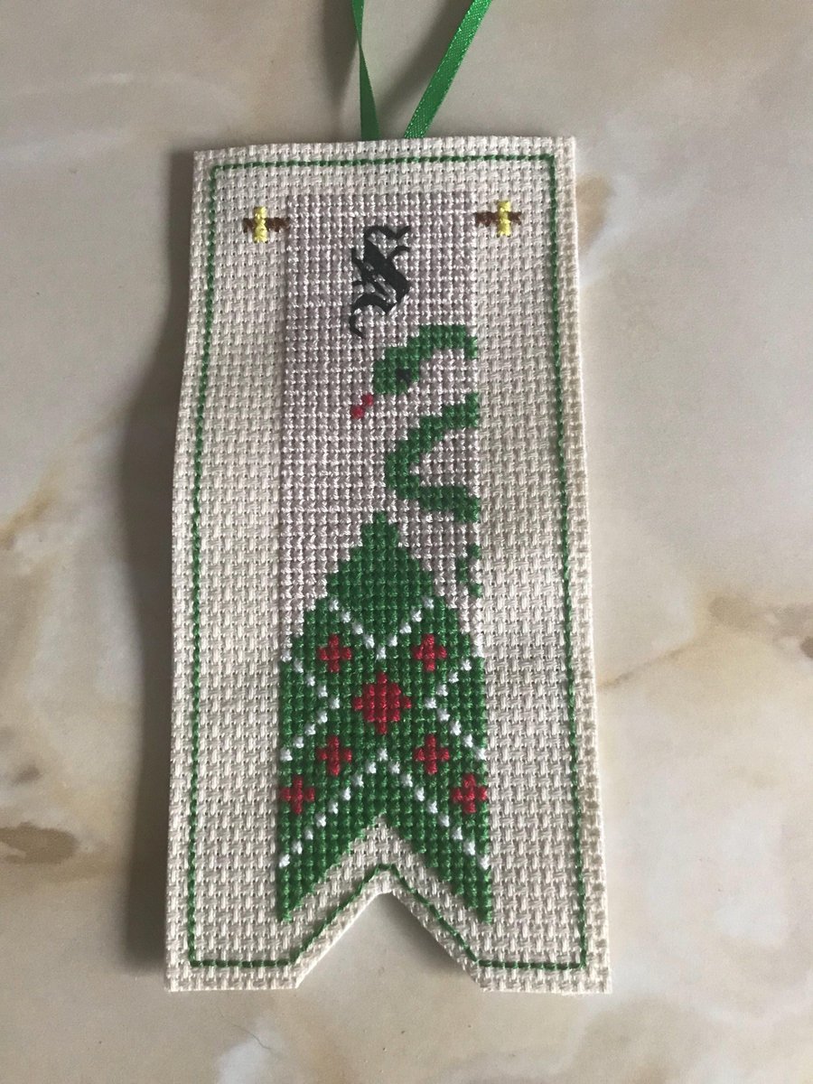 Cross stitched slytherin tree decoration . Slytherin house banner . Harry Potter