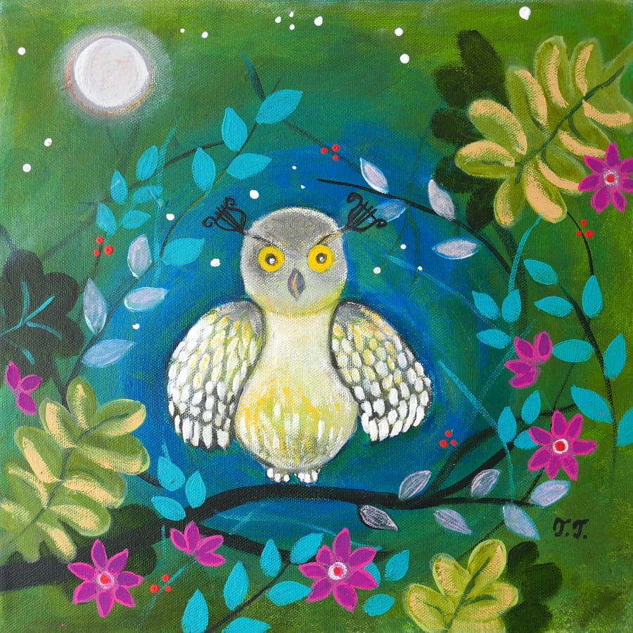Owl Painting, Naive Animal Art, Original Nature Artwork
