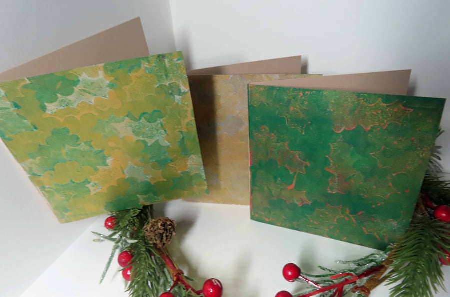 Christmas Gelli Printed Art Greeting Cards Set One Off Holly