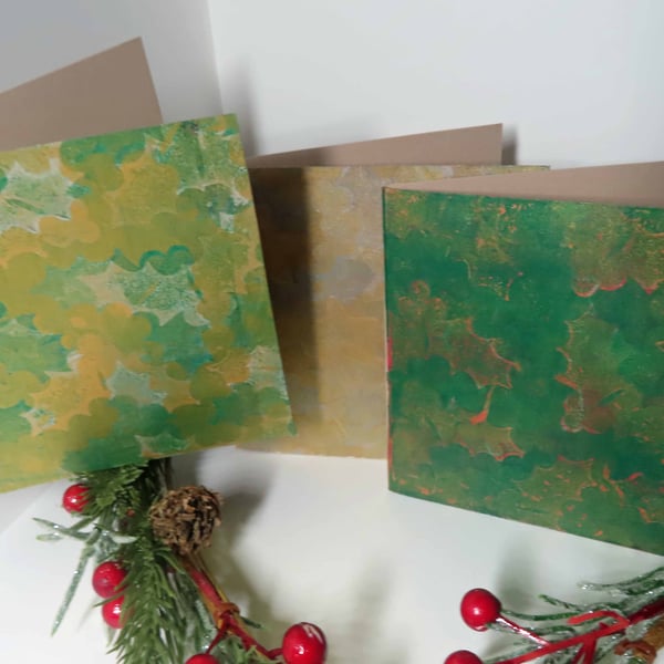 Christmas Gelli Printed Art Greeting Cards Set One Off Holly